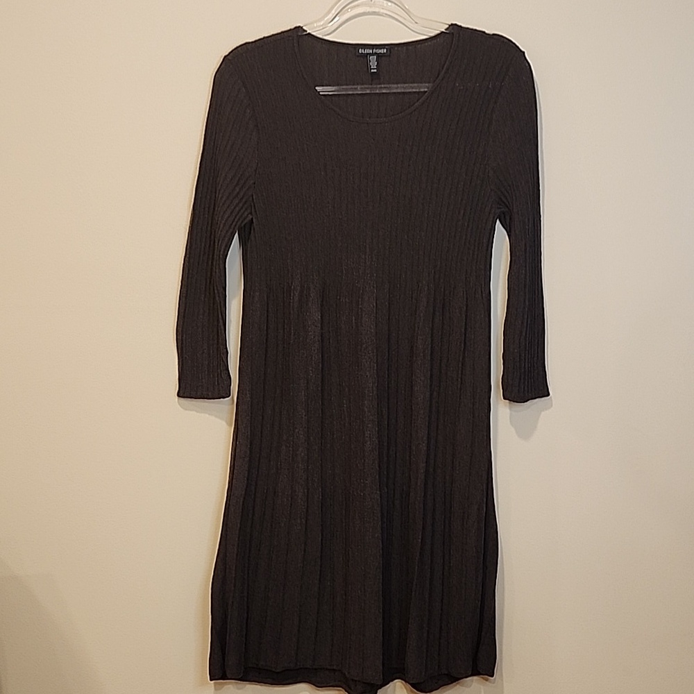 Eileen Fisher Dark Brown Wool Pleated  Scoop-Neck Long-Sleeve Dress - Picture 10 of 10